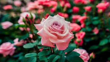 AI generated Full bloom colorful pink rose garden, shallow background, ultra violet rose photo