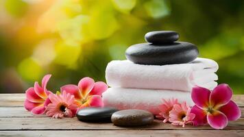 AI generated Front view of spa massage stones, towels, pink flowers photo