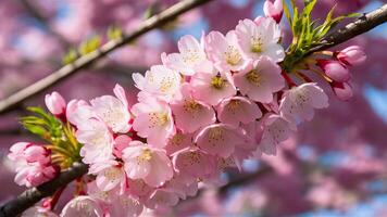 ai generado rosado Cereza florecer escena vitrinas hermosa sakura flor en lleno floración foto