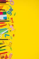 School equipment. Variety of school supplies. Flat lay. photo