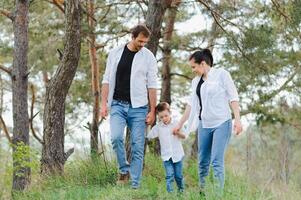 mamá, papá y hijo caminar en el verde césped. contento joven familia gasto hora juntos, corriendo afuera, Vamos en naturaleza, en vacaciones, al aire libre. el concepto de familia día festivo. foto