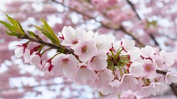 AI generated Branch of Japanese cherry blossom isolated against white background photo
