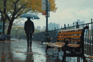 AI generated Atmospheric scene Guy walking toward a bench on a rainy day photo