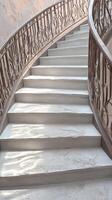 AI generated Brown staircase descends with intricate railings in soft natural light Vertical Mobile Wallpaper photo