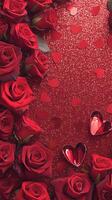 ai generado romántico escena con rojo rosas y corazones en Brillantina fondo vertical móvil fondo de pantalla foto