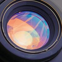 AI generated Colorful reflection Close up of a camera lens with vibrant hues For Social Media Post Size photo