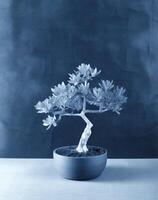 ai generado un cianotipo de un bonsai árbol en azul color foto