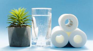 Water filters. Carbon cartridges and a glasses on a blue background. Household filtration system. photo