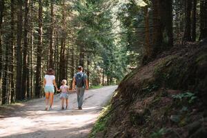 Young family with child resting on a forest photo