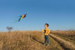 Happy child playing with a kite while running on meadow, sunset, in summer day. Funny time with family. Little boy launch a kite. photo