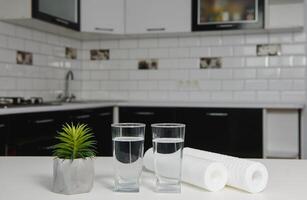 A glass of clean water with osmosis filter, green leaves and cartridges on wooden table in a kitchen interior. Concept Household filtration system. photo