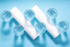 Glasses of dirty and clear water and filter cartridges to domestic water treatment systems at bright blue background. Concept of water treatment. photo