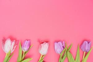 Floral background with tulips flowers on pink pastel background. Flat lay, top view. Woman day background. photo