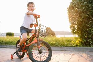 niños en un bicicleta a asfalto la carretera en temprano Mañana. pequeño chico aprende a paseo un bicicleta en el parque. contento sonriente niño, montando un ciclismo. foto