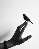 ai generado de cerca de un mano con un pájaro en parte superior foto