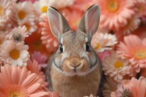 AI generated Cute rabbit in spring flowers. photo