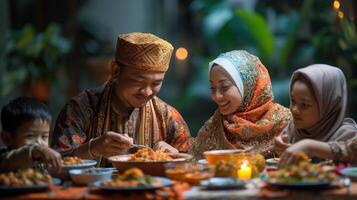 ai generado musulmán familia celebrando Ramadán iftar foto