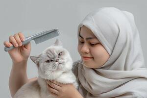 AI generated a 25 years old female is grooming a white persian cat's fur photo