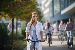 AI generated several doctors were cycling leisurely in the hospital yard photo