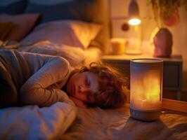 AI generated a child is fast asleep in his room. photo