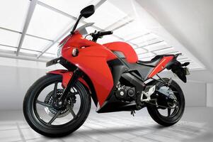 full side view of red sports type motorbike with fuel injection system, 250 cc engine, photo