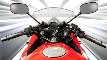 point of view of red sports type motorbike with fuel injection system, 250 cc engine, photo