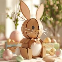 AI generated Easter toy bunny made of cardboard among eggs and flowers photo