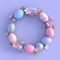 AI generated Easter wreath with eggs and flowers. photo