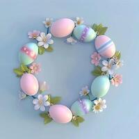 AI generated Easter wreath with eggs and flowers. photo