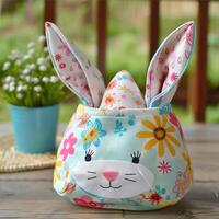 AI generated Easter fabric cute bunny handmade basket . photo