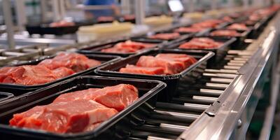 AI generated Trays of red meat progress through an automated processing line, inside a meatpacking facility. streamlined efficiency of food production, industrial automation and supply chains. photo