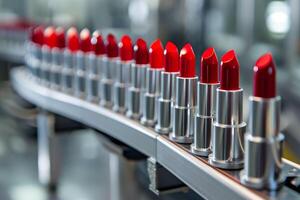 AI generated Rows of red lipsticks in silver casings create a striking contrast on a production line, mass production and design. Ideal for visuals in the cosmetic sector and industrial design. photo