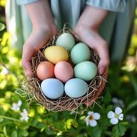 AI generated Hands cradle a nest filled with pastel-colored eggs amidst a backdrop of greenery. Easter and spring, suitable for holiday promotions or seasonal editorial content. photo