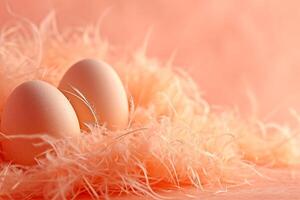 AI generated Pile of light Easter eggs rest on soft peach fuzz colored feathers, creating a gentle Easter mood. Trendy Easter poster or banner with copy space photo