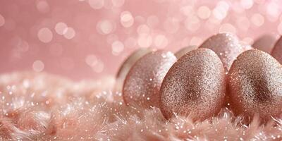 AI generated Rose Gold Easter Eggs Nestled in Soft Feathers, Illuminated by a Dreamlike Pink Bokeh Background. Copy space photo