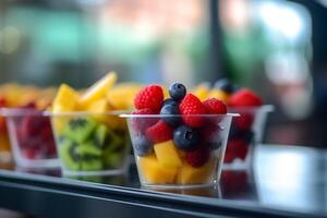 AI generated Fresh berries and pieces of fruit in a plastic glass to take away as a snack. Raspberry, kiwi, mango, cherries in cup. photo