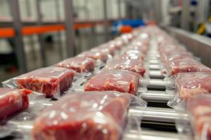 AI generated Even meat pieces in wrapped in plastic are sliding on a conveyor belt depicting food industry operations. Cultivated meat packaging, modern food processing. photo