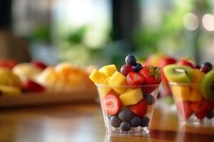 ai generado Fresco bayas y piezas de Fruta en un el plastico vaso a tomar lejos como un bocadillo. mango, fresa, moras en taza. foto