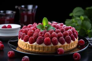 AI generated Delicious red raspberry tart close up with cream and green leave on a black plate and dishes on a black background . Copy space. photo