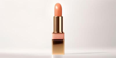 AI generated An peach fuzz color lipstick in a golden case on a white background. Make up a product show off. Copy space. photo