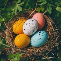 AI generated A nest in the green grass cradles Easter eggs dotted with paint. It is ideal for DIY craft features, Easter celebration materials, or seasonal decoration ideas photo