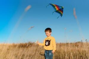 Little boy with kite flying over his head photo