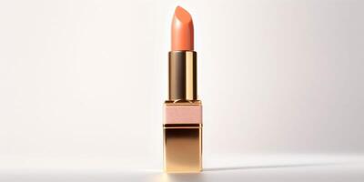 AI generated An peach fuzz color lipstick in a beige case on a white background. Make up a product photo shoot. Copy space.