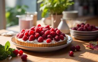 AI generated Delicious raspberry tart with cream in beautiful cozy white kitchen on sunny day photo