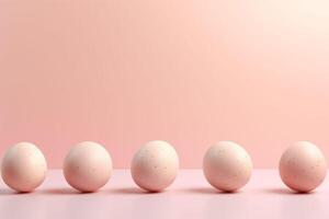 AI generated Five Easter Eggs in Peach fuzz colour in row on peach colour Surface with Soft peach colour Background. idea for Easter poster photo