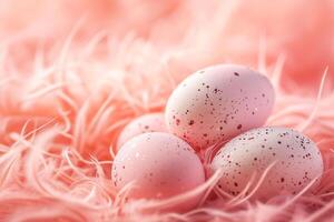 AI generated Pile of light Easter eggs rest on soft peach fuzz colored feathers, creating a gentle Easter mood. Trendy Easter poster or banner with copy space photo