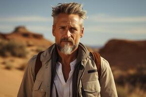AI generated Handsome man 50 years old in bohemian style clothes in the desert on a sunny day. Copy space photo
