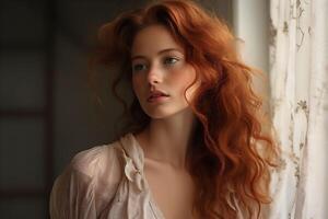 AI generated Portrait of sensual young red haired woman with long ginger curly hair at the window. photo