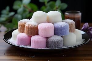 AI generated A plate filled with stacked colorful Japanese mochi desserts with coconut dusting, with a blurred background, vibrant and sweet culinary dessert. photo