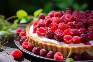 Delicious red raspberry tart close up with cream on a gray surface with greens on the side. Copy space. photo